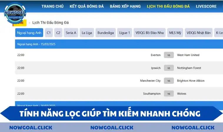 Tính năng lọc giúp bạn tìm kiếm lịch thi đấu nhanh chóng